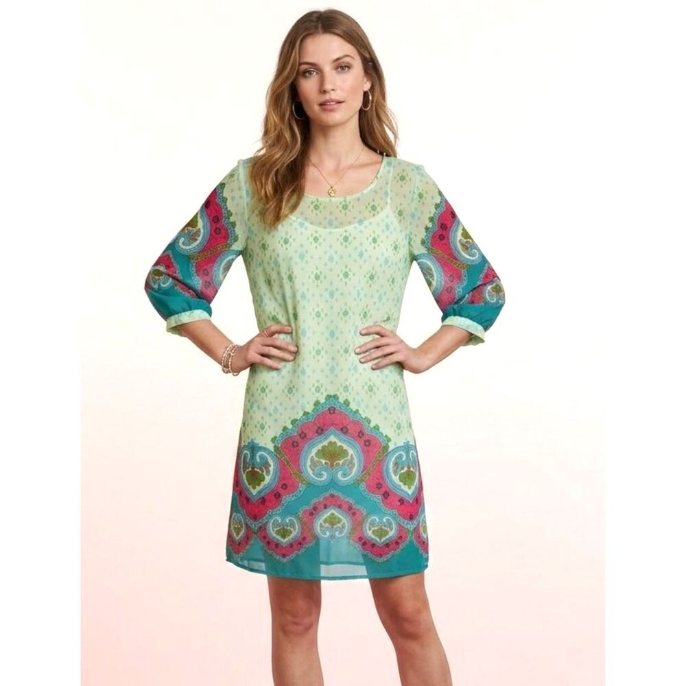 Sheer Boho Print Dress Green Blue Red Paisley Tunic Style L Retro Ethnic Flowy